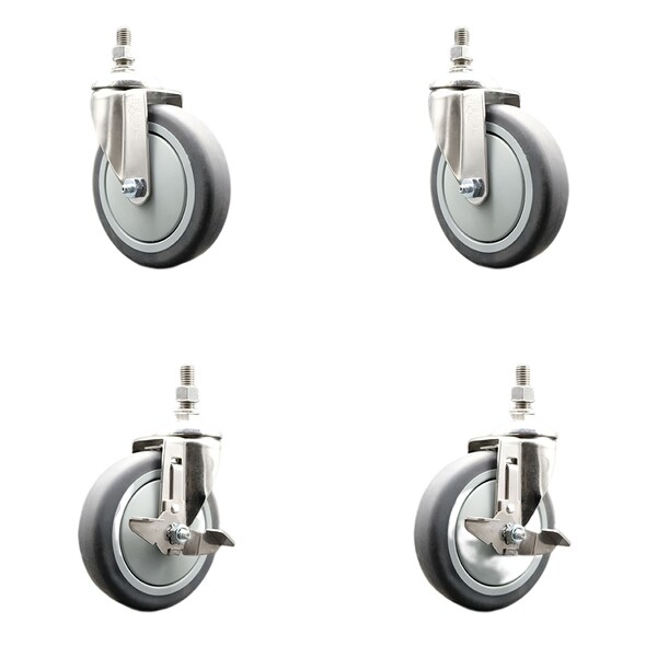 Service Caster 5 Inch 316SS Thermoplastic Rubber 3/8 Inch Threaded Stem Caster Brake SCC, 2PK SS316TS20S514-TPRB-381615-2-TLB-2 - main